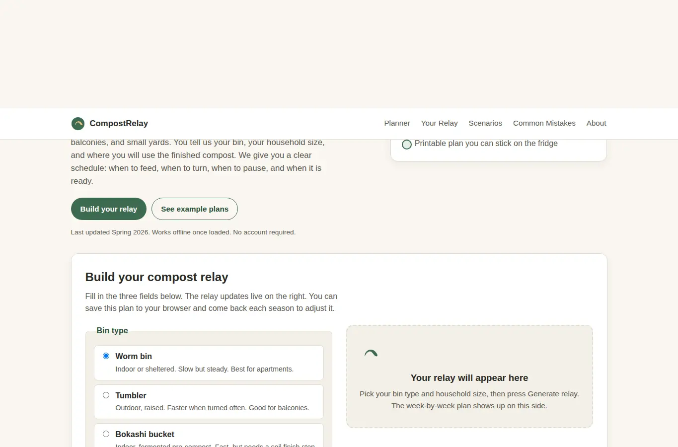 Screenshot of CompostRelay: Small-Space Compost Relay Planner interface showing the project page in use